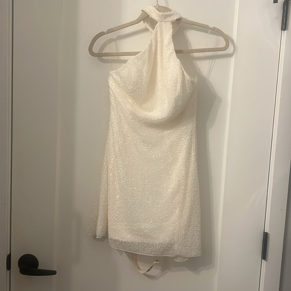 White embellished asymmetric neck mini dress - Picture 2 of 4